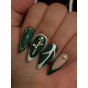 Medium stiletto press on nails green french tips gold rose white handmade custom